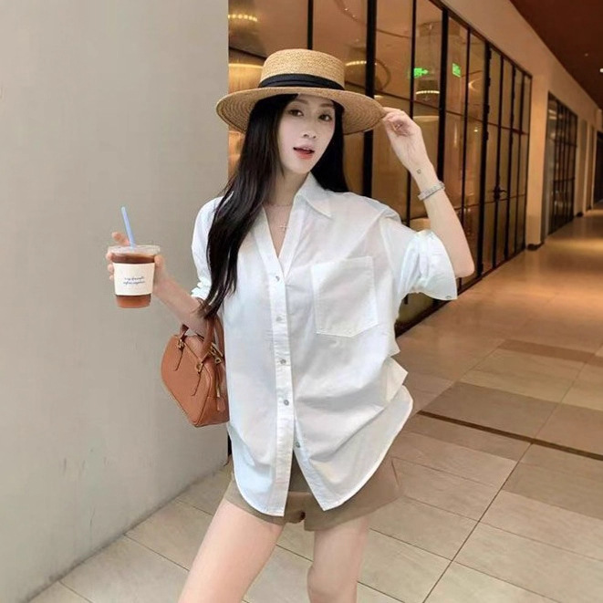 韩系设计感V领白色衬衫女装早秋新款老钱风宽松显瘦收腰百搭上衣|undefined
