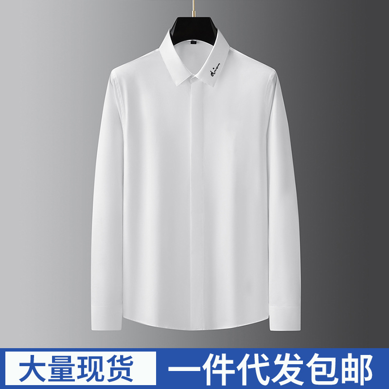 潮流轻奢高级感新款免烫高端男士长袖衬衫刺绣小签名百搭纯白男衬