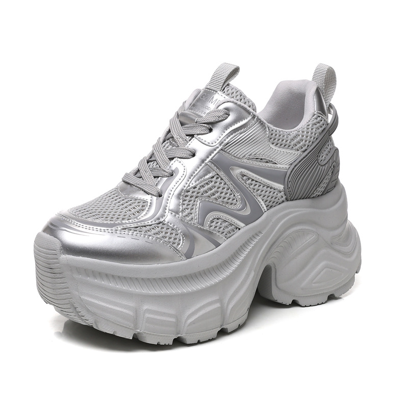 Giày sneaker nữ đế dày chunky mesh thoáng khí, tăng chiều cao bên trong — Màu trắng