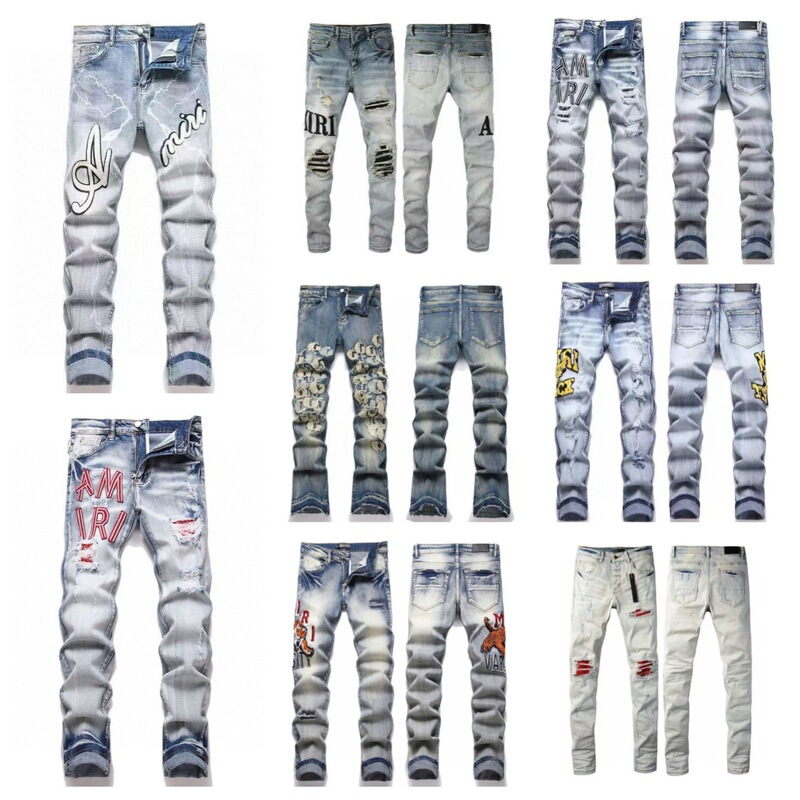 Cross-Border Amiri Trendy High Street Embroidered Slim-Fit Embroidered Jeans Stretch Slimming Ripped Long Pants Casual Pants Dropshipping Cross-Border Amiri Trendy High Street Embroidered Slim-Fit Embroidered Jeans Stretch Slimming Ripped Long Pants Casual Pants Dropshipping