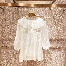 2023春季新款荷叶领系带拼接灯笼袖甜美雪纺衬衫上衣女装P109101B