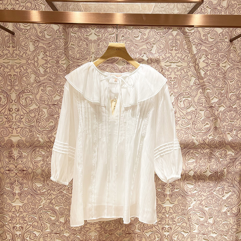 2023春季新款荷叶领系带拼接灯笼袖甜美雪纺衬衫上衣女装P109101B