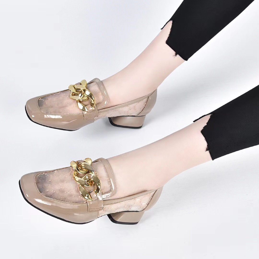 Giày Loafer Nữ Da Thật Đầu Vuông Gót Chunky 3 cm — Lưới đen (gót 3CM) chi tiết 3