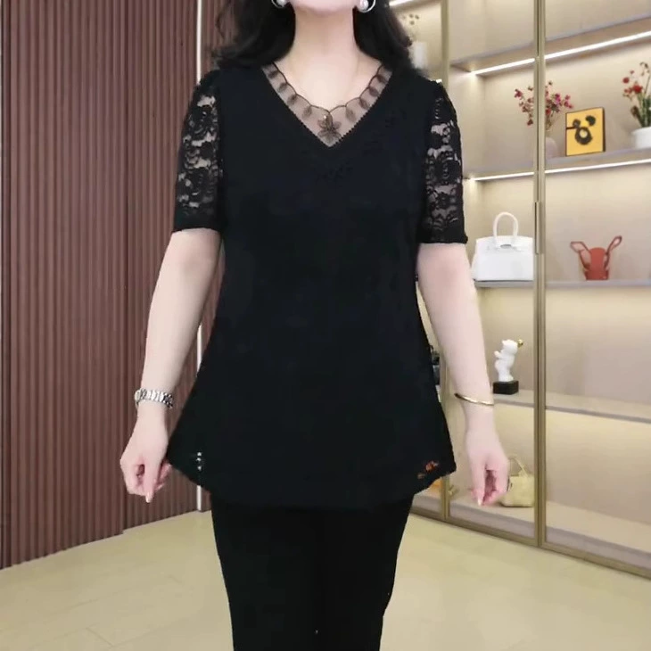 2025 летняя мода новая легкая роскошь тяжелая промышленность кружева с короткими рукавами повседневный костюм слово тонкая темпераментная рубашка женская одежда