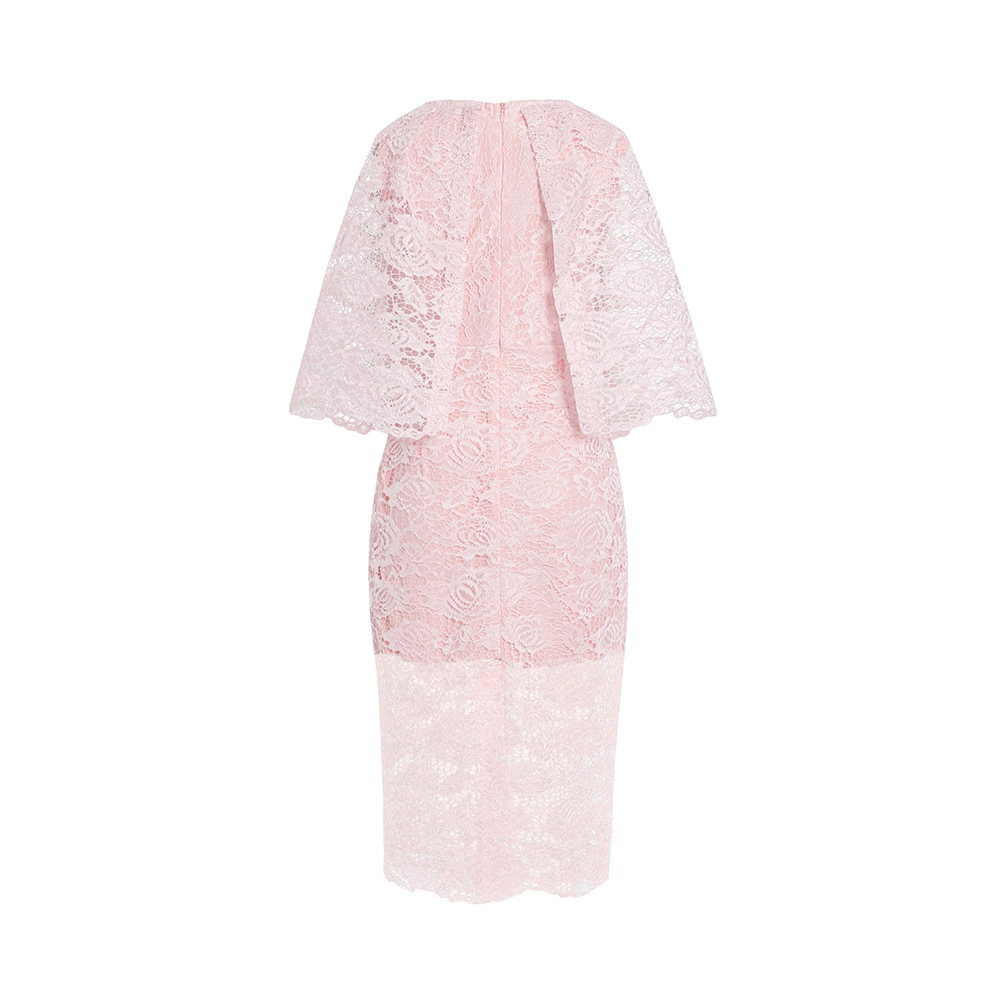 AliExpress Amazon Women's Shawl Elegant Lady Mid-Length Slim-Fit Sheath Lotus Pink Lace Dress