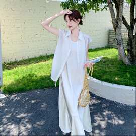 韩系白色无袖衬衫缎面吊带裙套装女2026夏季新款气质连衣裙两件套