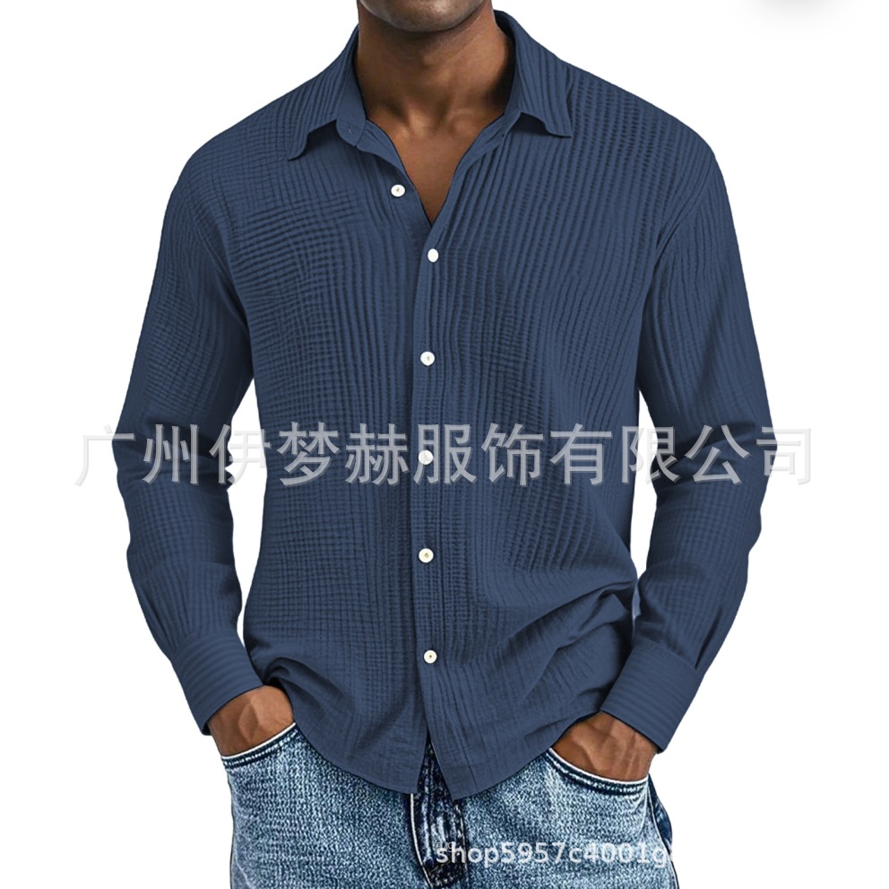 欧美跨境亚马逊男装男士新款宽松休闲纯棉双层皱大码长袖衬衣衬衫