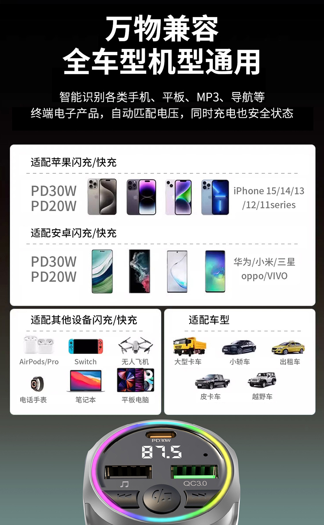 New cross-border hot-selling car bluetooth charger speaker device player transmitter snap-on super fast charging