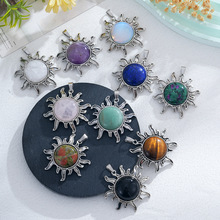 复古天然石小太阳吊坠紫晶虎眼石包珠项链合金饰品配饰厂家批发