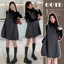 实拍孕妇秋装针织百搭打底杉+时尚韩系蝴蝶节装饰花苞背心裙套装