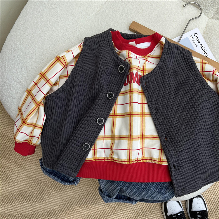 Felpa con cappuccio a quadri stampata per bambini 2024, un nuovo prodotto autunnale dalla Corea del Sud, con scollo rotondo dai colori vivaci_voghion.com