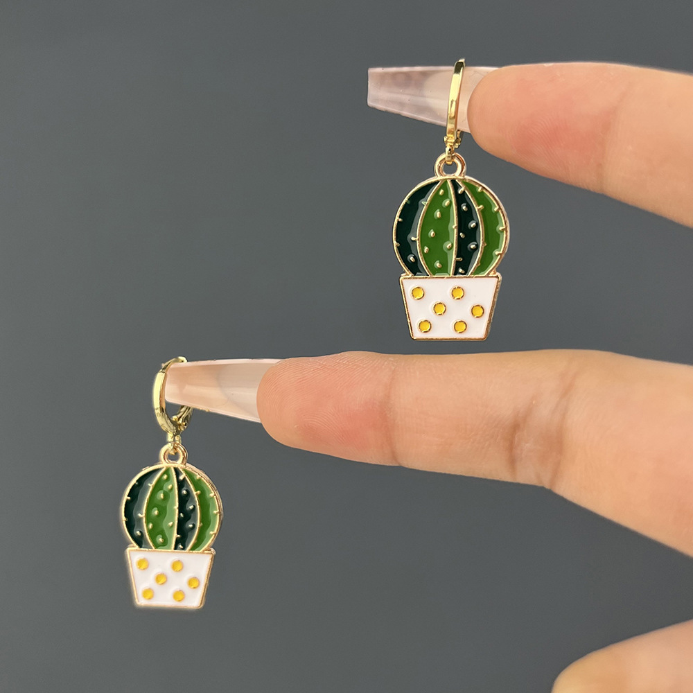 Retro Cactus Hoja Flor Esmalte Aleación Aretes display picture 4