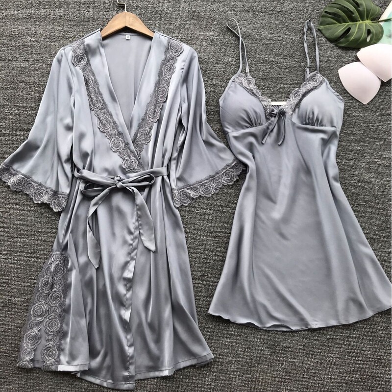 Ice Silk Pajamas for Women, New Summer Style, Satin Silky Slip Nightgown with Chest Pads, Home Wear, Sexy Pajama Set
