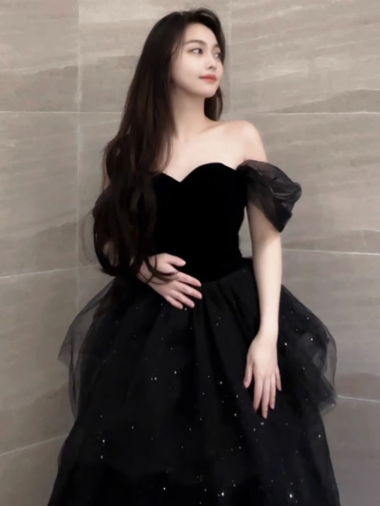 Váy dạ hội tutu kiểu Pháp màu đen sang trọng, dáng maxi thắt eo, phù hợp lễ tốt nghiệp, lễ trưởng thành — Màu đen chi tiết 6