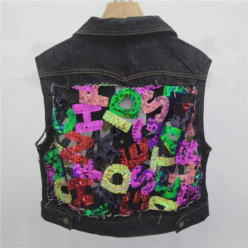 Heavy-duty bordado sequinilla empalme chaleco de vaquero mujer corto sin mangas chaleco de hombro chaleco de abrazadera