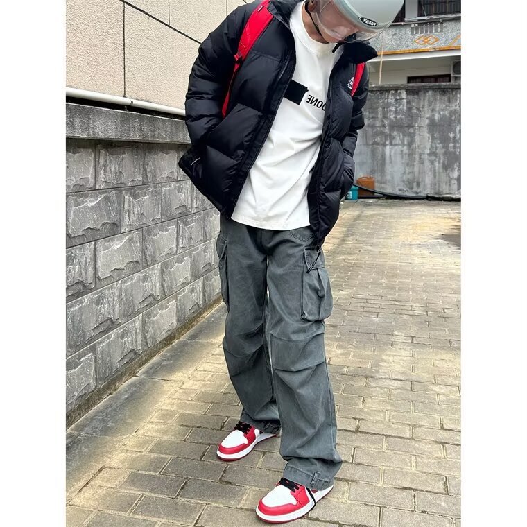 dark gray overalls men's spring and autumn American vintage vibe logging pants straight leg wide leg parachute hiking pants