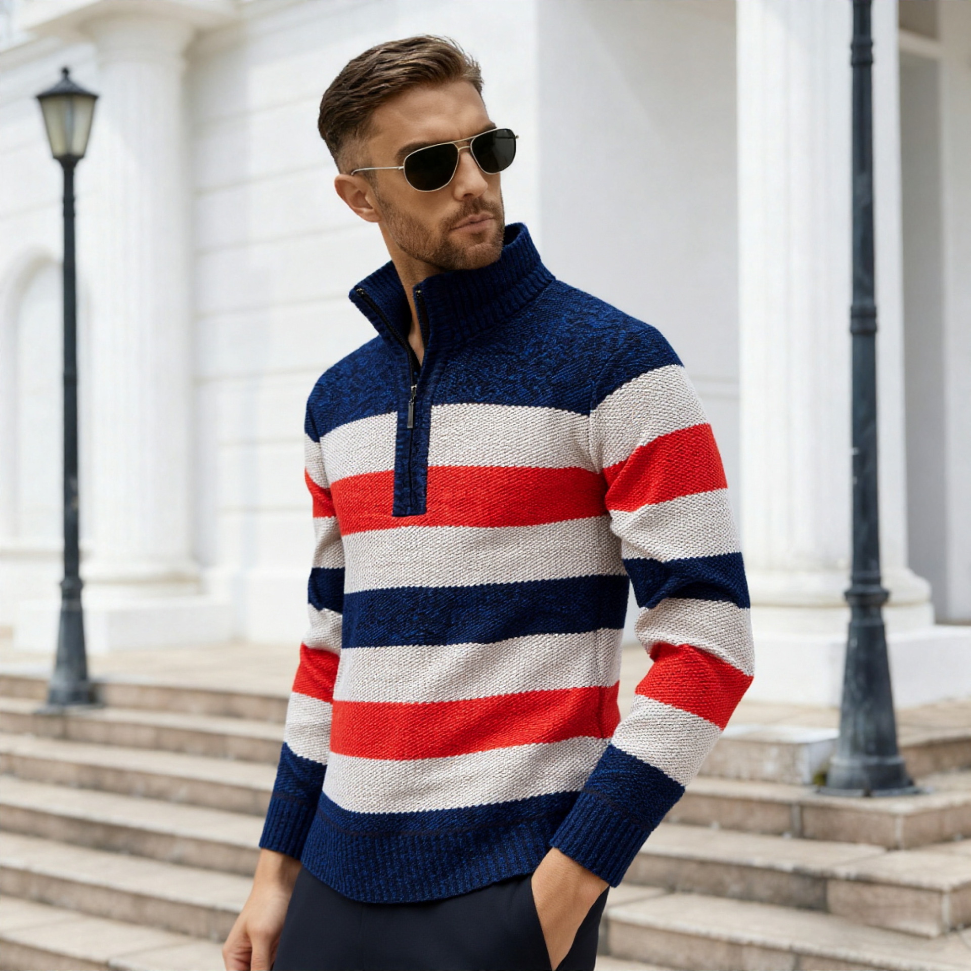 Cross-Border Export 2025 Autumn and Winter New Half-Zip Knitwear Fleece-Lined Thickeneded Stripesd Men's Knitwear Casual Pullover