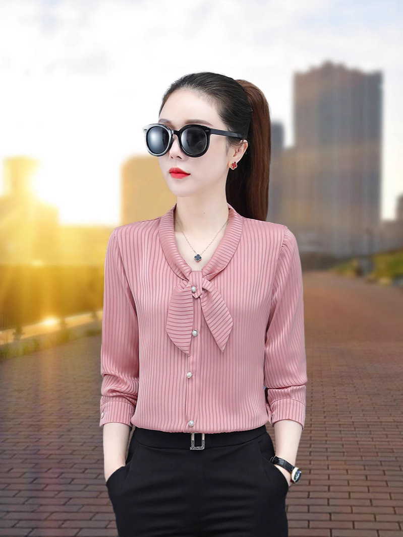 New Style Shirt for Women, Spring and Summer, Slim Fit, Casual, Long-Sleeved, Stylish, Middle-Aged Mom, Elegant V-Neck with Bow