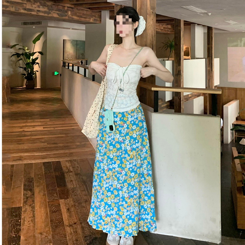 性感镂空设计抹胸背心女夏季外穿度假风碎花包臀半身裙两件套