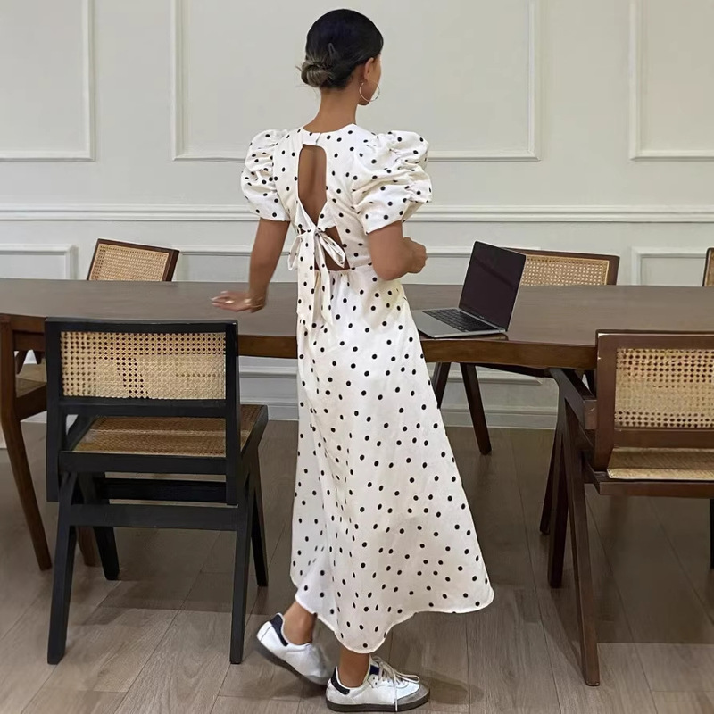 French-Style Polka Dot Dress for Women, Summer 2026 New Model, Draping Niche Design, Puff Sleeves, Elegant Slimming Long Dress