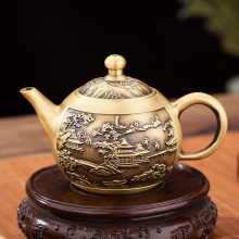 黄铜拉丝铜壶山水茶壶铜茶壶家居创意铜器摆件金属黄铜茶壶工艺品