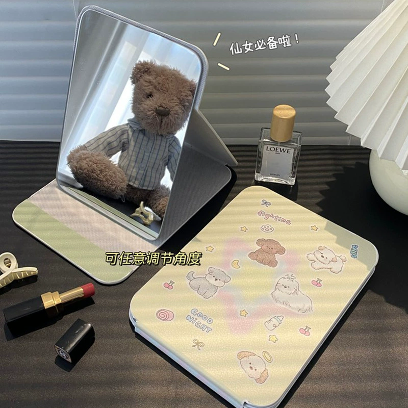 Folding PU Portable Makeup Mirror, HD Glass, Standable Compact Vanity Mirror