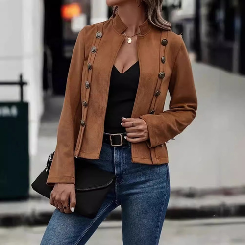 2024 European and American cross-border solid color double-breasted decorative jacket new style deer leather vintage long-sleeved jacket
