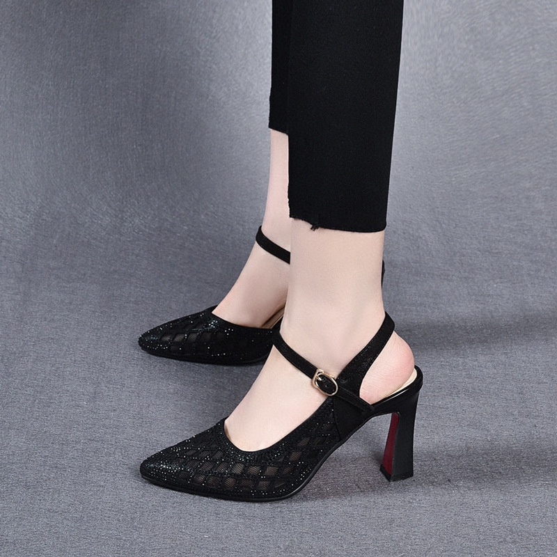 Sandal cao gót nữ mũi nhọn bít mũi lưới khoét lỗ, quai đơn, gót 3 cm — Gót vàng 3cm
