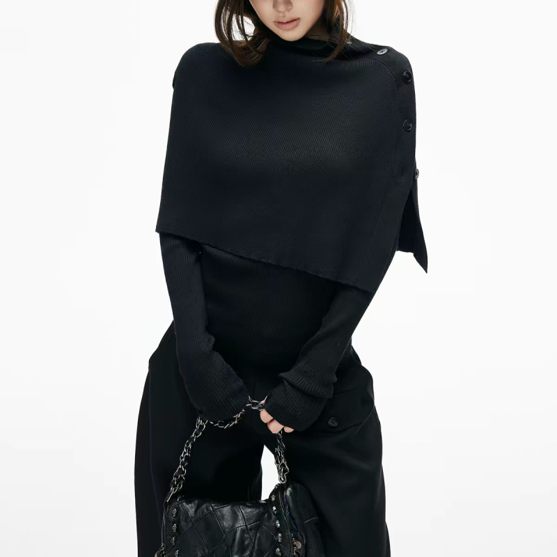 iamxia*Fine Ribbed Knit Stand Collar Button-Up Cape Henley Collar Basic Slim Fit Base Shirt Two-Piece Set