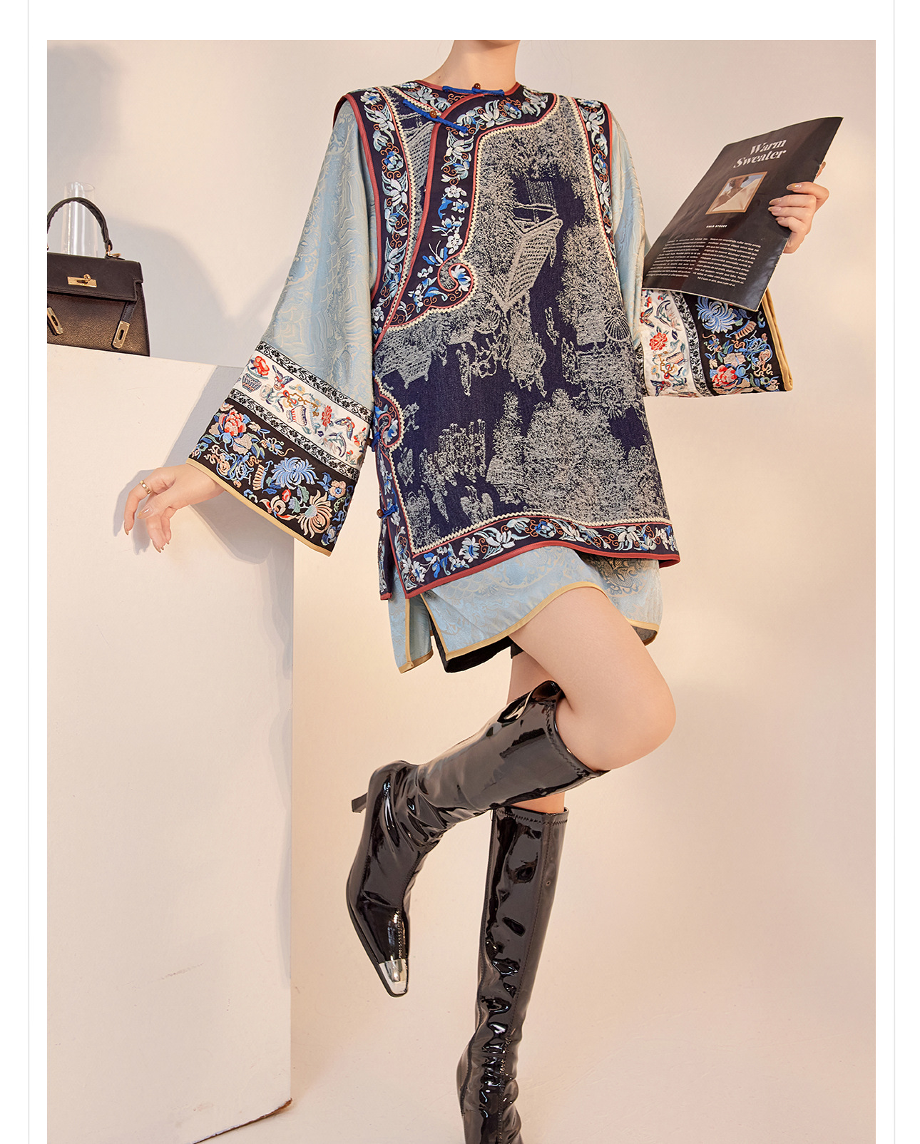 Áo khoác blazer nữ kiểu Trung Quốc cao cấp chất lụa jacquard tay dài mùa thu — Màu xanh lam nhạt chi tiết 17