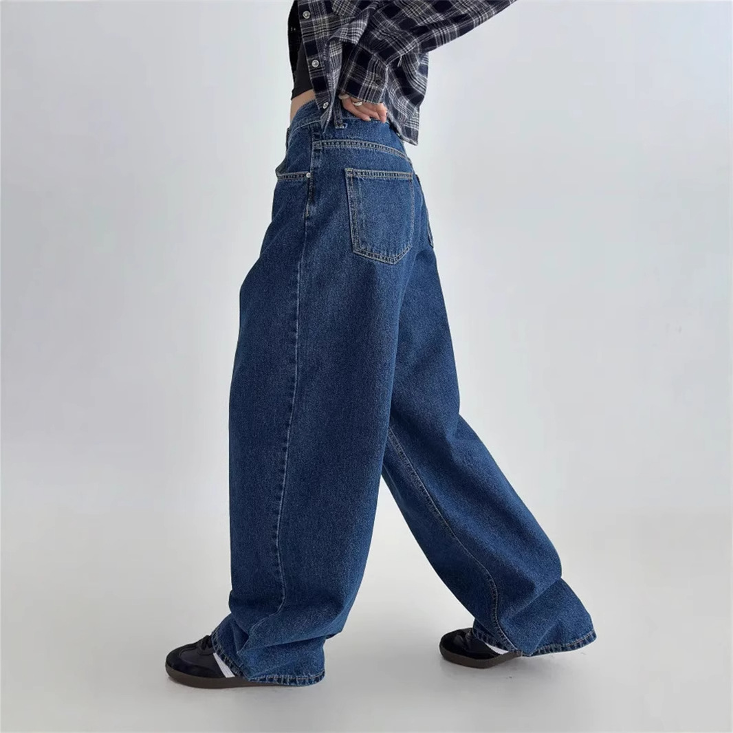 2026 Early Spring New Korean Style Retro Versatile Basic Classic Simple Wide-Leg Pants Dark Blue Denim Trousers for Women