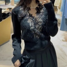 E*S 2024秋冬新款蕾丝领长袖针织衫女温柔风洋气修身羊毛打底上衣