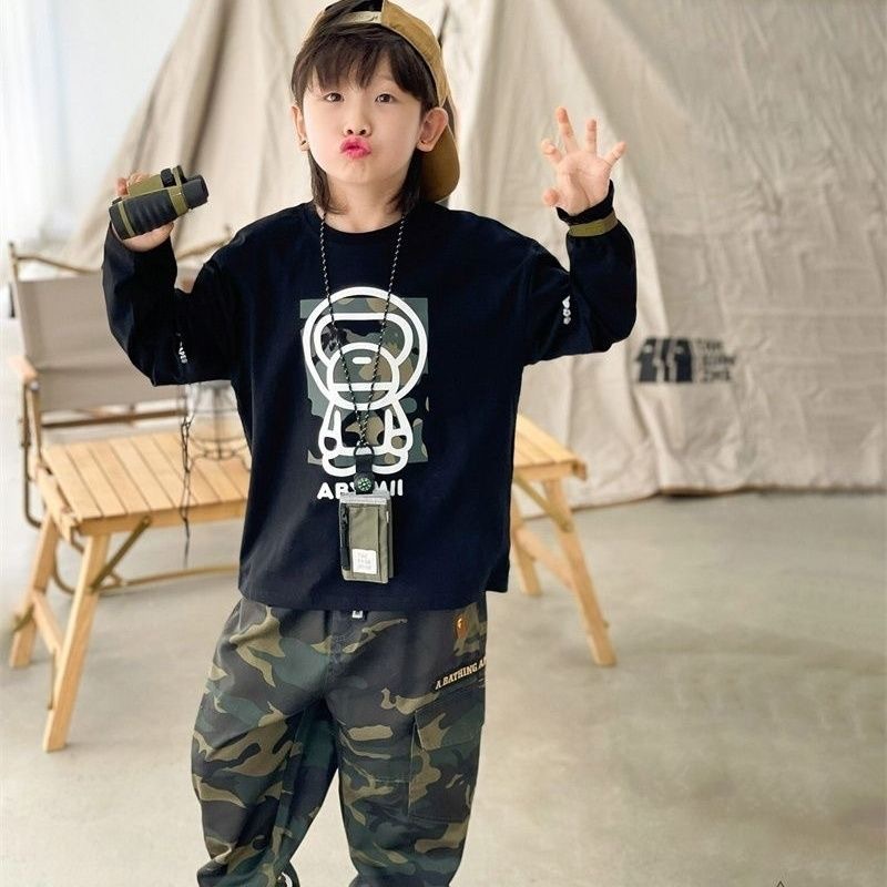 2024 Spring Trend Brand Japanese Boys Camo Monkey Printed Long-Sleeve Pajama Top with Cartoon Design