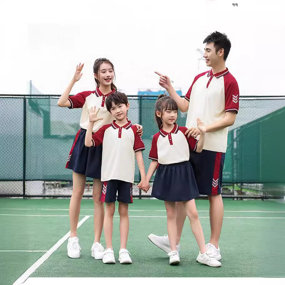 Summer New Items Primary and Middle School Polyester White and Red School Uniform Short Sleeve Shirt and Long Pants Set Student Class Uniform Two-Piece Set