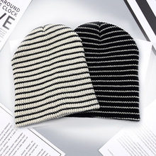 秋冬冷帽黑白条纹毛线针织帽子质感好柔软亲肤保暖优舒适促销帽
