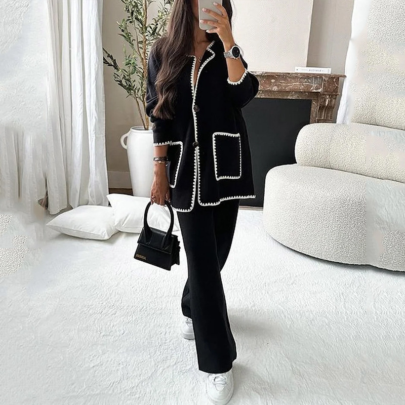 2 Pieces Set Quantity Holiday, Daily Occasion Round Neck Neckline Holiday Daily Women's Casual Color Block Spandex Polyester Pocket Pant Co-ord Set Pants Sets