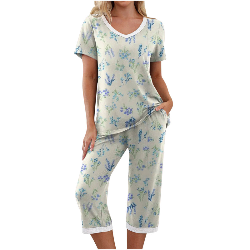 2023 New wish Women's Printed Home Clothes Pajamas Set Short Sleeve and Capri Pants Pocket Set