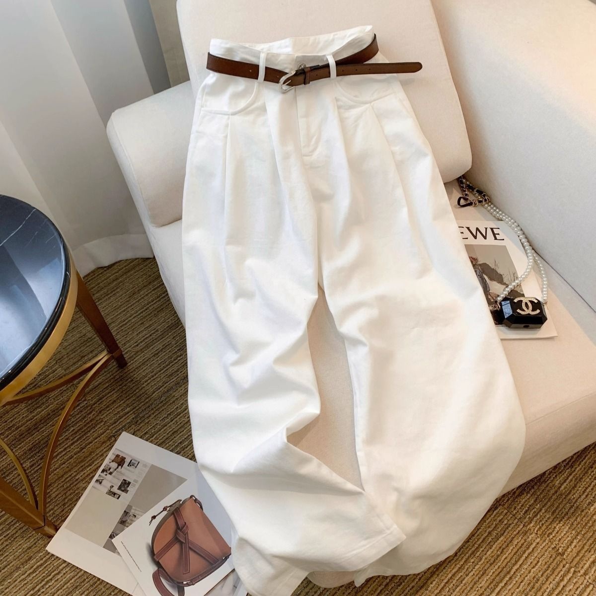 Quần jean nữ ống rộng cạp cao thiết kế xếp ly, dáng suông rủ nhẹ — Trắng kéo dài (LMX) cao, 9 điểm trắng (LMX), Quần trắng (LMX) thường xuyên chi tiết 5