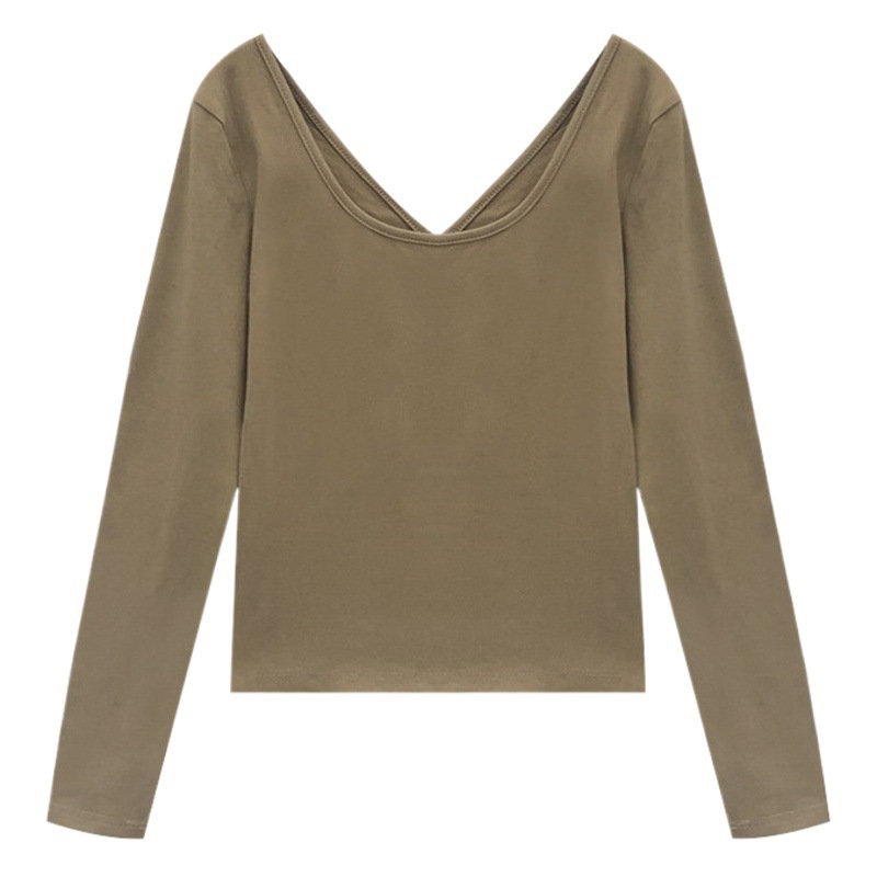 Otoño 2023 nueva sexy Camiseta de manga larga sin espalda de las mujeres de diseño versátil sentido U-cuello color sólido superior chica caliente camisa de fondo