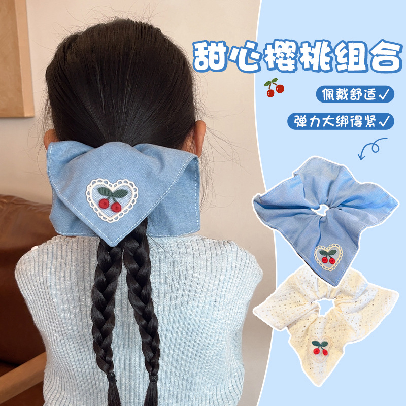 Pañuelo cuadrado bordado para niños, lazo para el cabello de intestino grueso, lazo para el cabello de alto nivel para niñas, cuerda de cabeza de cola de caballo baja, accesorios para el cabello de estilo occidental para niñas