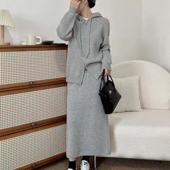 韩版休闲连帽针织开衫半身裙两件套女装秋冬新款宽松气质毛衣套装