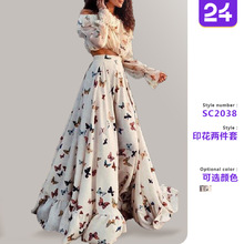 2025年欧美跨境蝴蝶印花两件套波西米亚大裙摆长裙连衣裙欧美风
