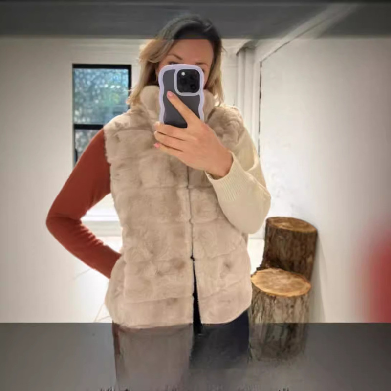 European and American Autumn and Winter New Mao Mao Vest Imitation Fur Vest Short Vertical Collar Artificial Fur Jacket Rabbit Hair Clip