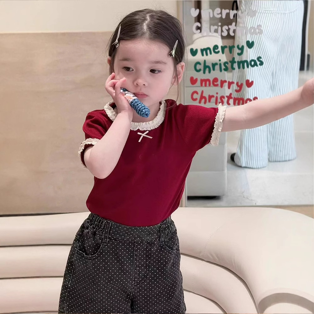 XY251376 lace collar short-sleeved T-shirt XK251377 polled short girls short-sleeved T-shirt 2025 summer new