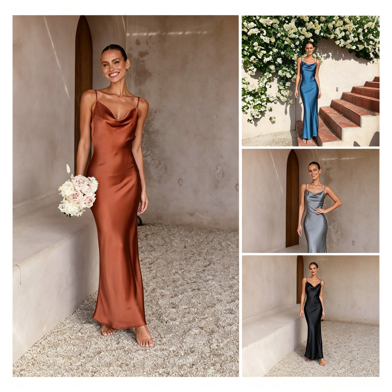 2026 Spring and Autumn Swing Collar Strap Dress European and American Satin Slim Fit Long Gown Dress Cross-Border Women's Clothing Wholesale