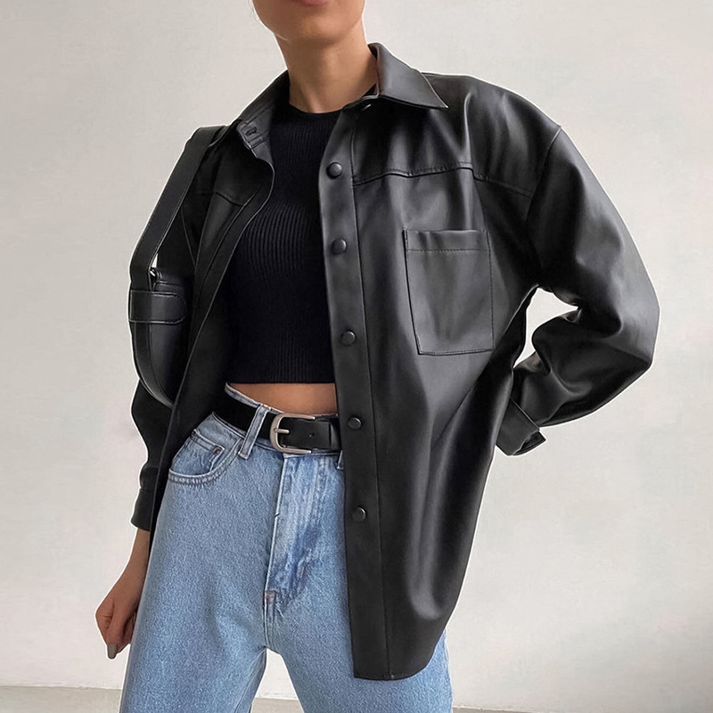 European and American casual simple black leather shirt 2023 autumn fashion all-match lapel shirt sleeve leather coat foreign trade women