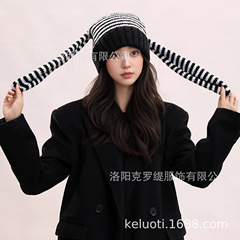 新款网红可爱条纹耳朵帽加厚毛线帽男女款潮流贴布减龄保暖冷帽