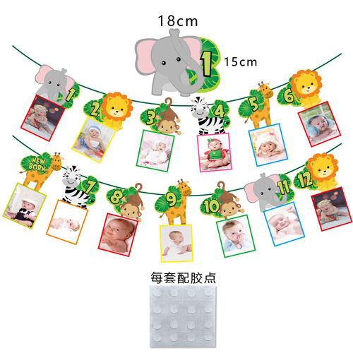 Copyright 12-month-old animal birthday banner Baby first-year party venue layout 1-12 months photo banner