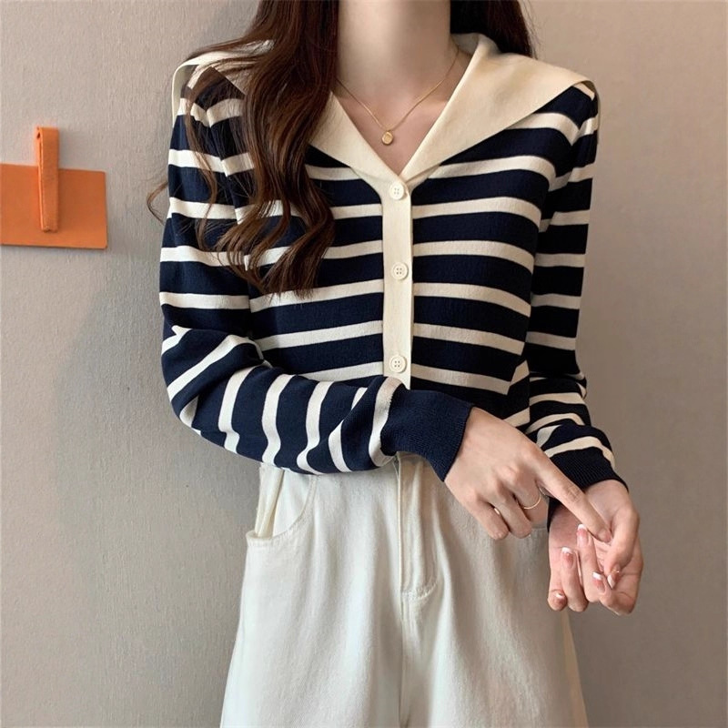Blue Striped Navy Collar Knitted Cardigan Women's 2025 Spring New Design Niche Spring Thin Tops Short Top