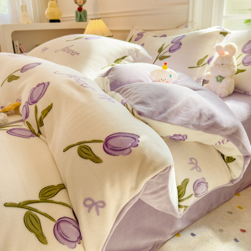 Juego de cuatro piezas de lana de leche de invierno, cama gruesa, sábana de otoño e invierno más funda de edredón de terciopelo, sábana de dormitorio de terciopelo de coral, juego de tres piezas